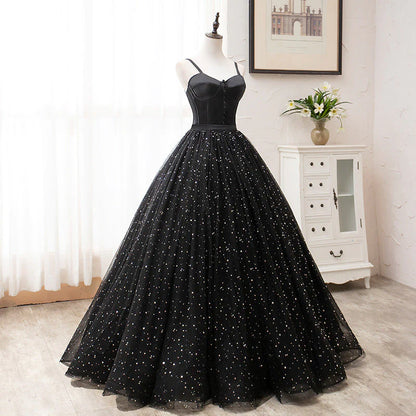 Vintage Ball Gown Black Princess Prom Dresses For Teens Cute Dresseses, Spaghetti Straps Quinceanera Dresses