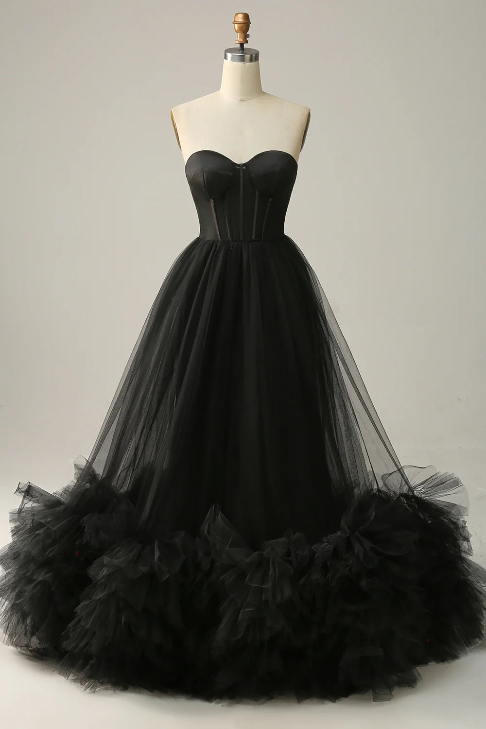 A Line Sweetheart Black Corset Prom Dress with Ruffled