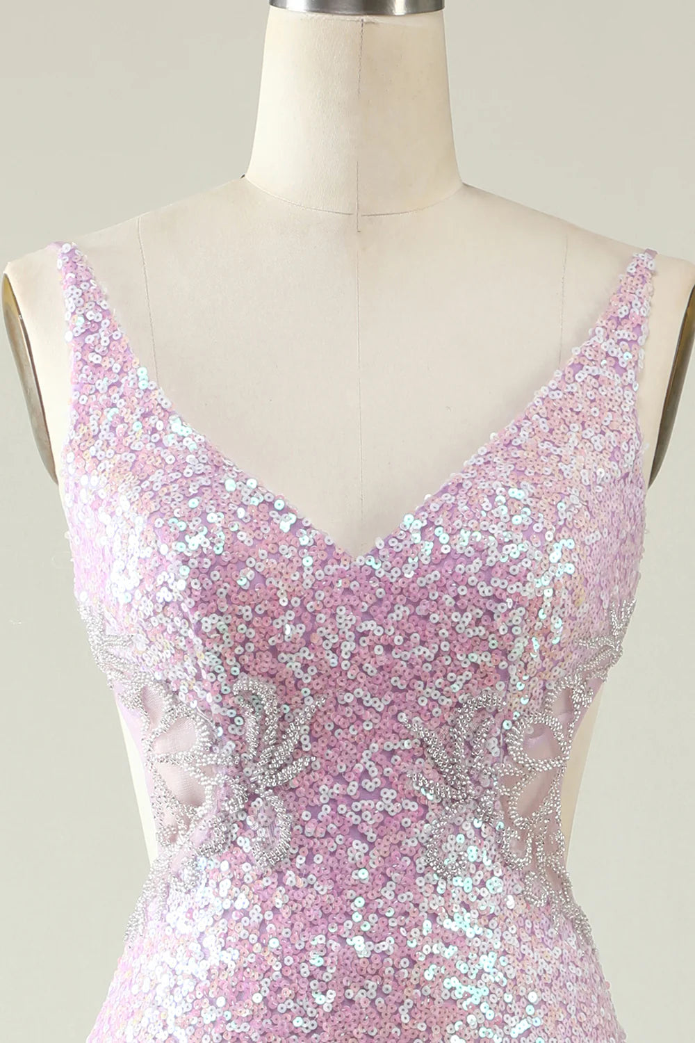Amzcw Sheath V Neck Lilac Sequins Long Prom Dress with Split Front