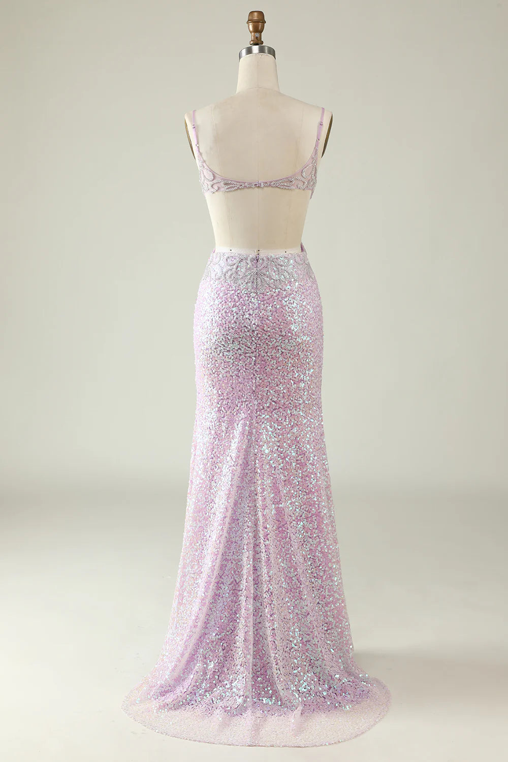 Amzcw Sheath V Neck Lilac Sequins Long Prom Dress with Split Front