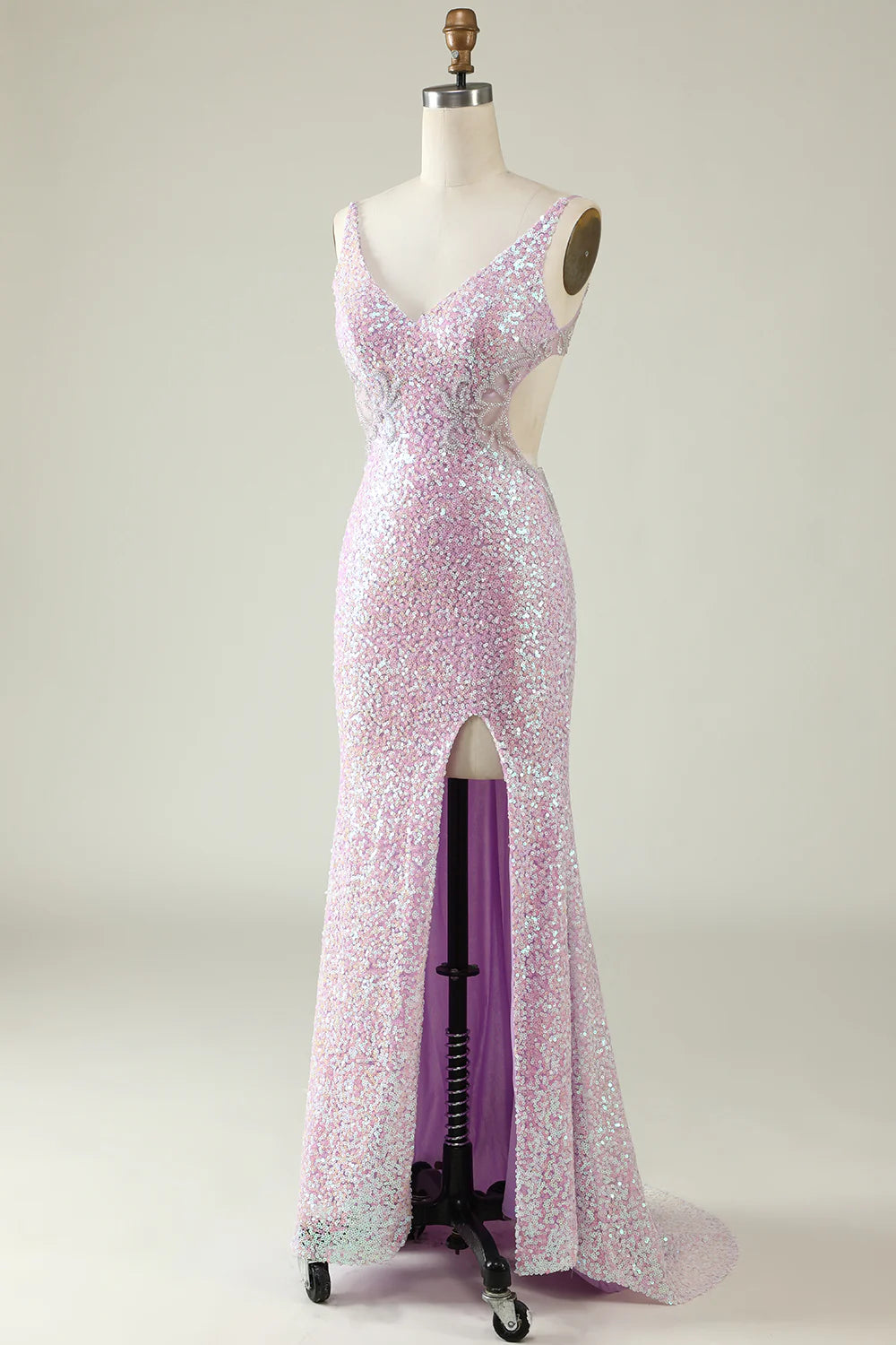 Amzcw Sheath V Neck Lilac Sequins Long Prom Dress with Split Front