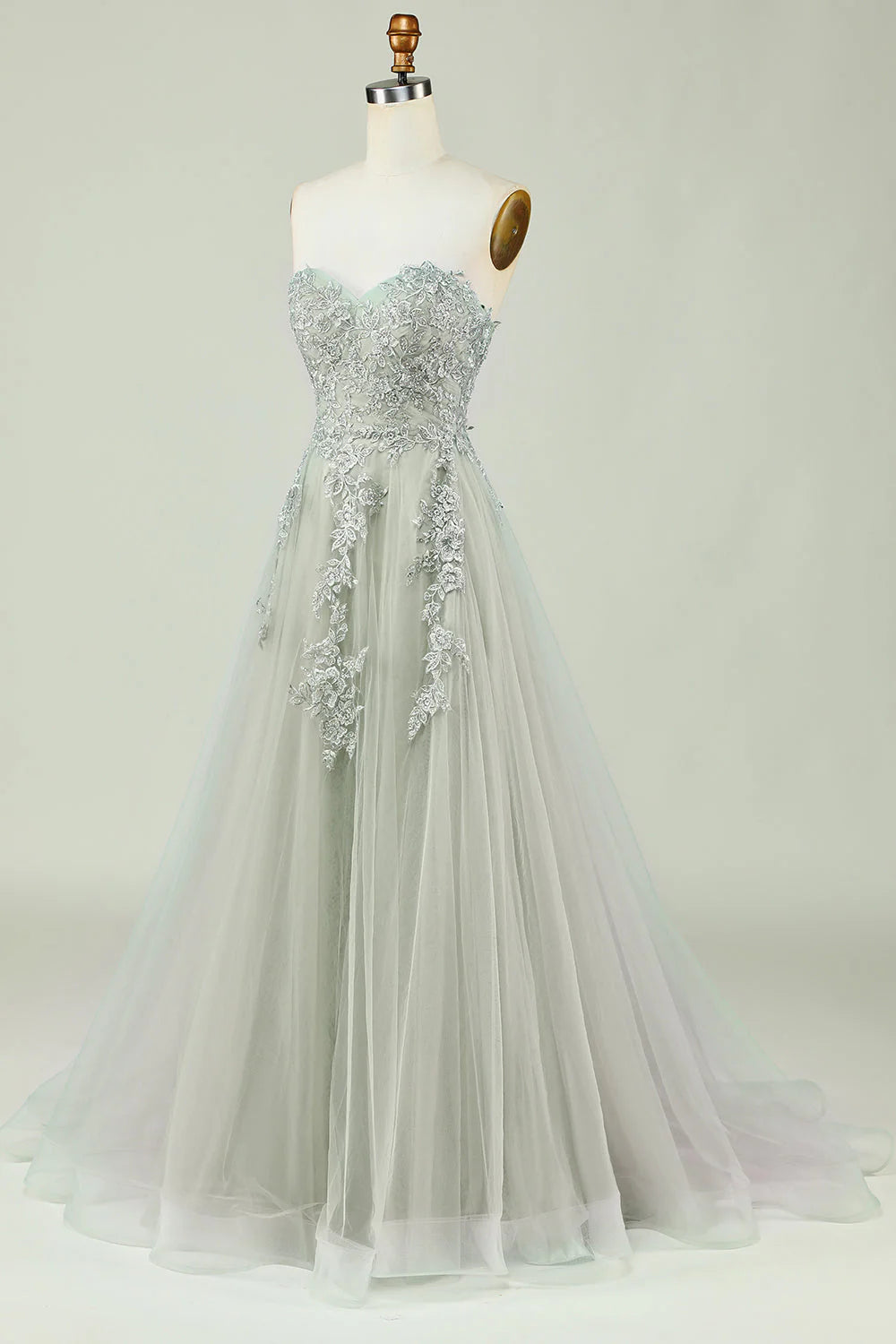 Amzcw Sweetheart Beaded Light Green Long Prom Dress with Slit Front