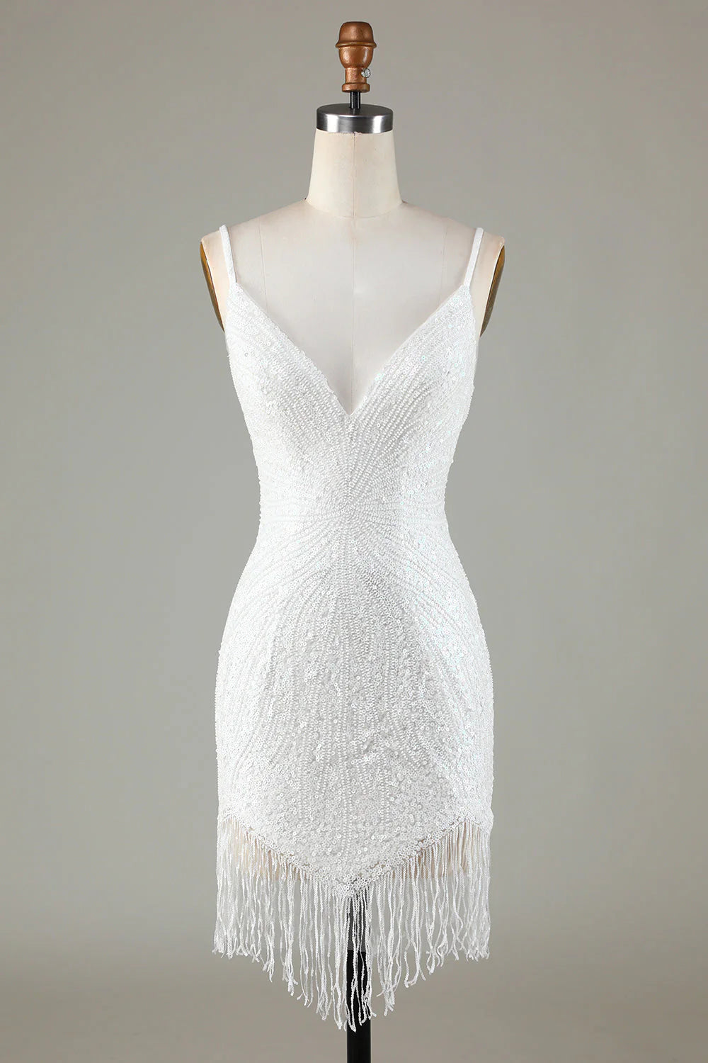 Amzcw Sparkly White Bodycon Lace-Up Back Beaded Short Homecoming Dress with Tassel