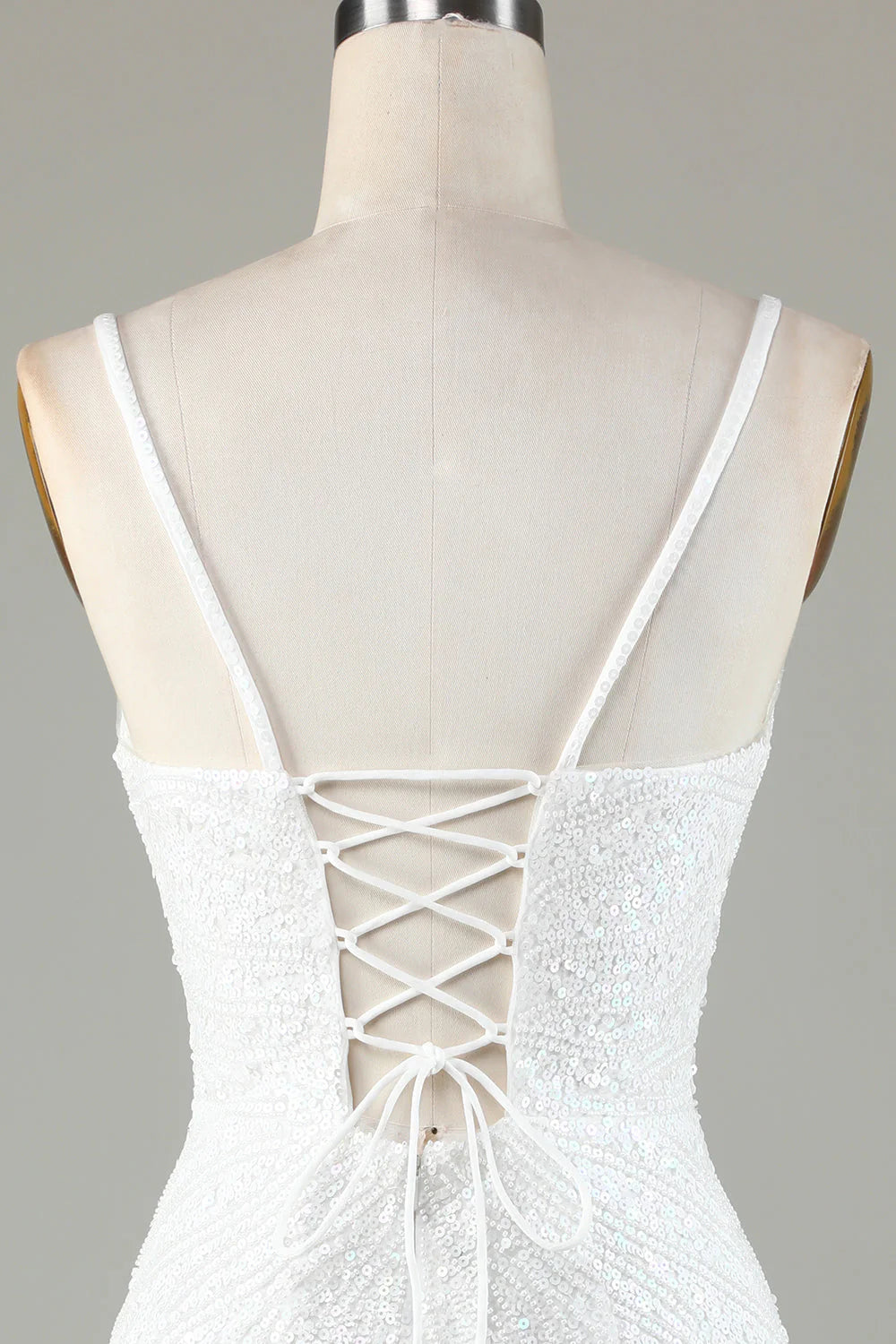Amzcw Sparkly White Bodycon Lace-Up Back Beaded Short Homecoming Dress with Tassel