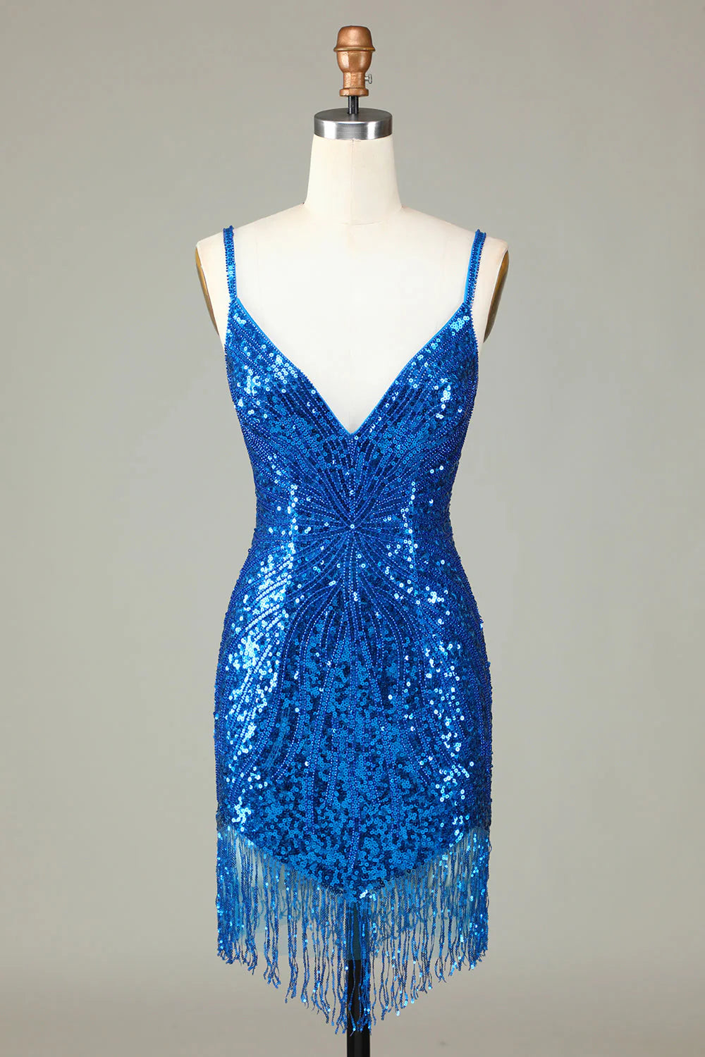 Amzcw Sparkly Blue Bodycon Lace-Up Back Beaded Short Homecoming Dress with Tassel