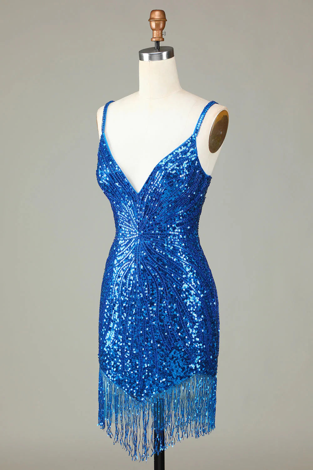 Amzcw Sparkly Blue Bodycon Lace-Up Back Beaded Short Homecoming Dress with Tassel