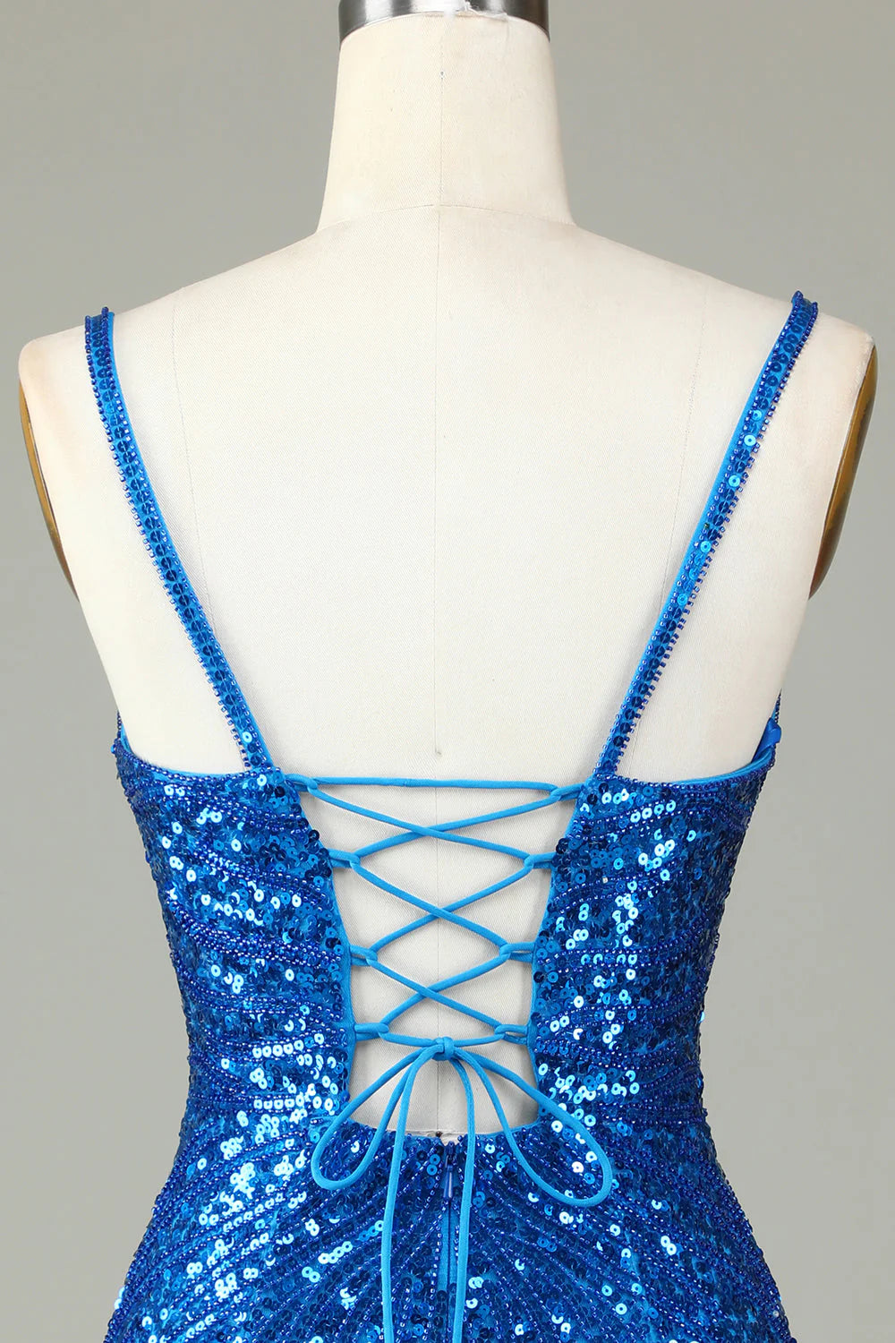 Amzcw Sparkly Blue Bodycon Lace-Up Back Beaded Short Homecoming Dress with Tassel