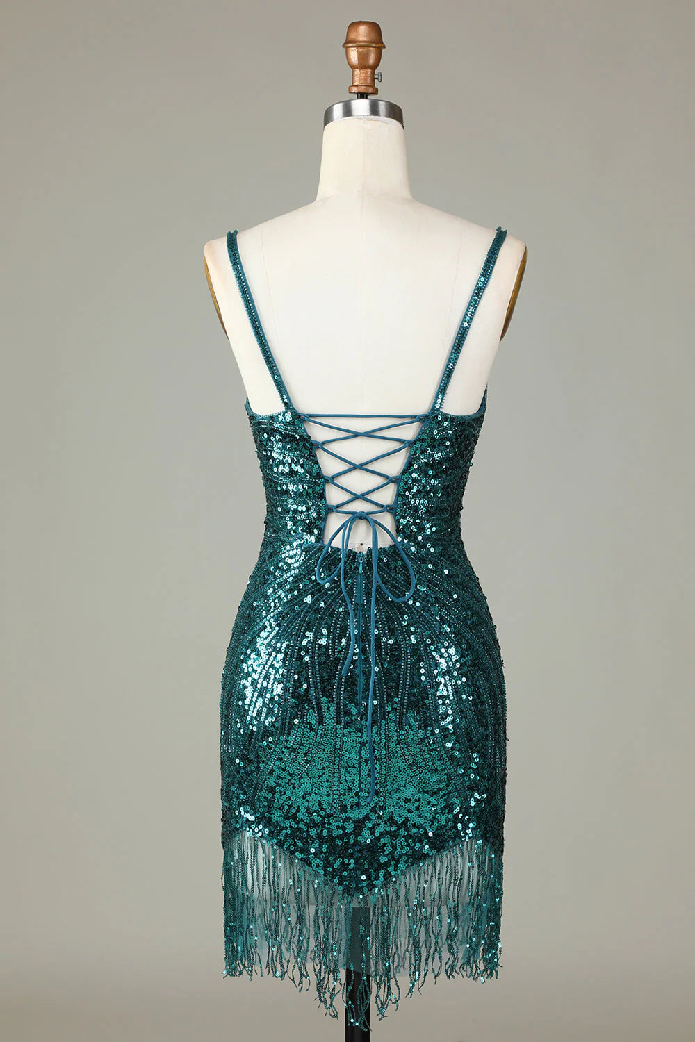 Amzcw Sparkly Peacock Blue Bodycon Lace-Up Back Short Homecoming Dress with Beading
