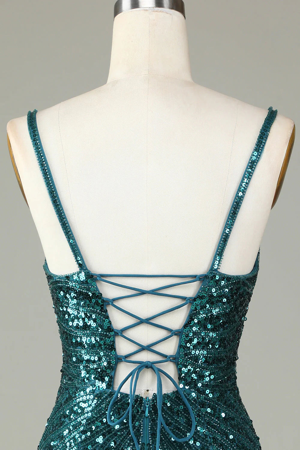 Amzcw Sparkly Peacock Blue Bodycon Lace-Up Back Short Homecoming Dress with Beading