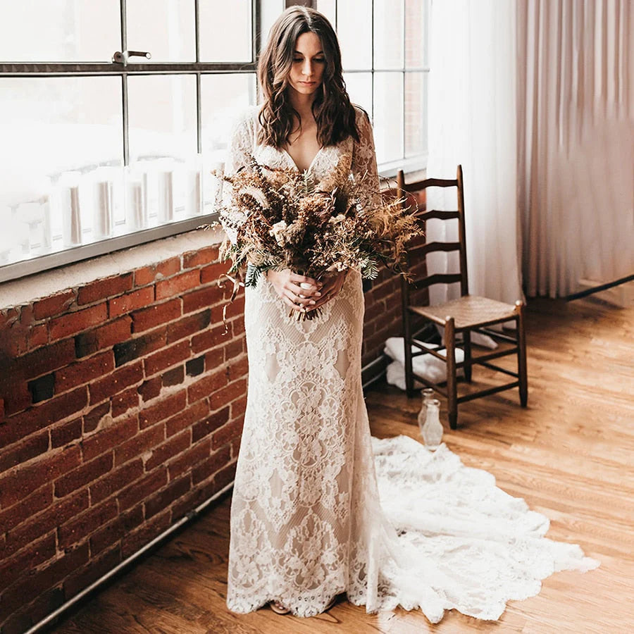 Wedding Dresses Mermaid V Neck Lace With Applique Court Train
