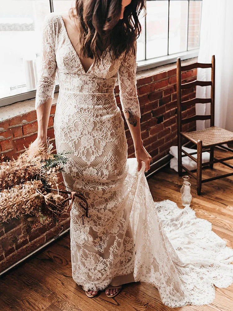 Wedding Dresses Mermaid V Neck Lace With Applique Court Train