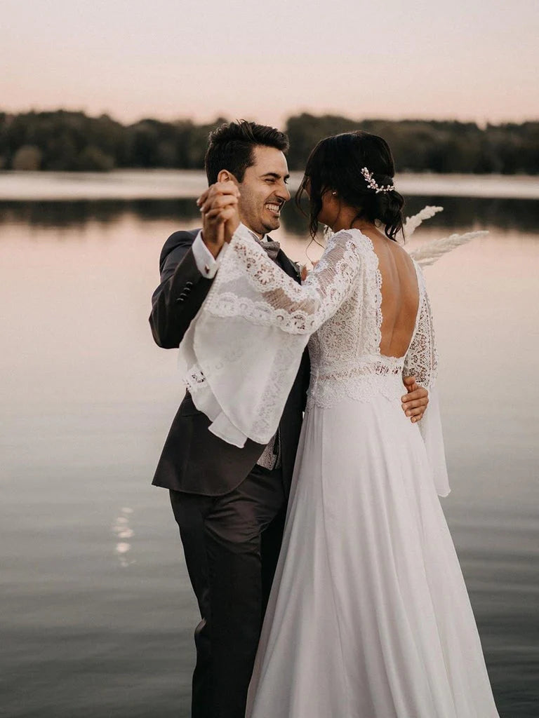 White Chiffon Open Back Long Sleeves Wedding Dress Simple A Line V Neck Lace