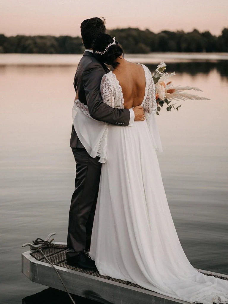 White Chiffon Open Back Long Sleeves Wedding Dress Simple A Line V Neck Lace