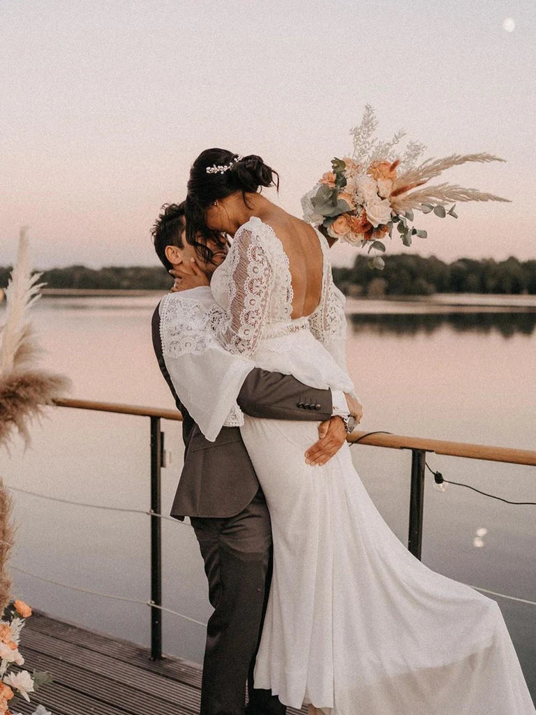 White Chiffon Open Back Long Sleeves Wedding Dress Simple A Line V Neck Lace