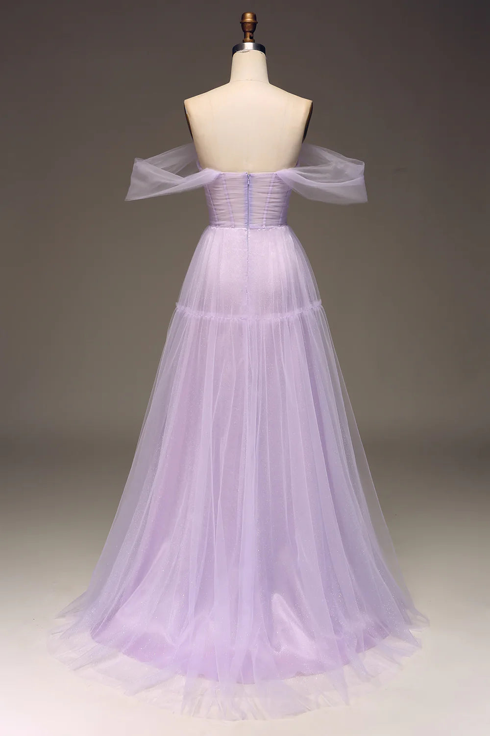 Amzcw Lilac Off the Shoulder A Line Tulle Princess Prom Dress With Slit