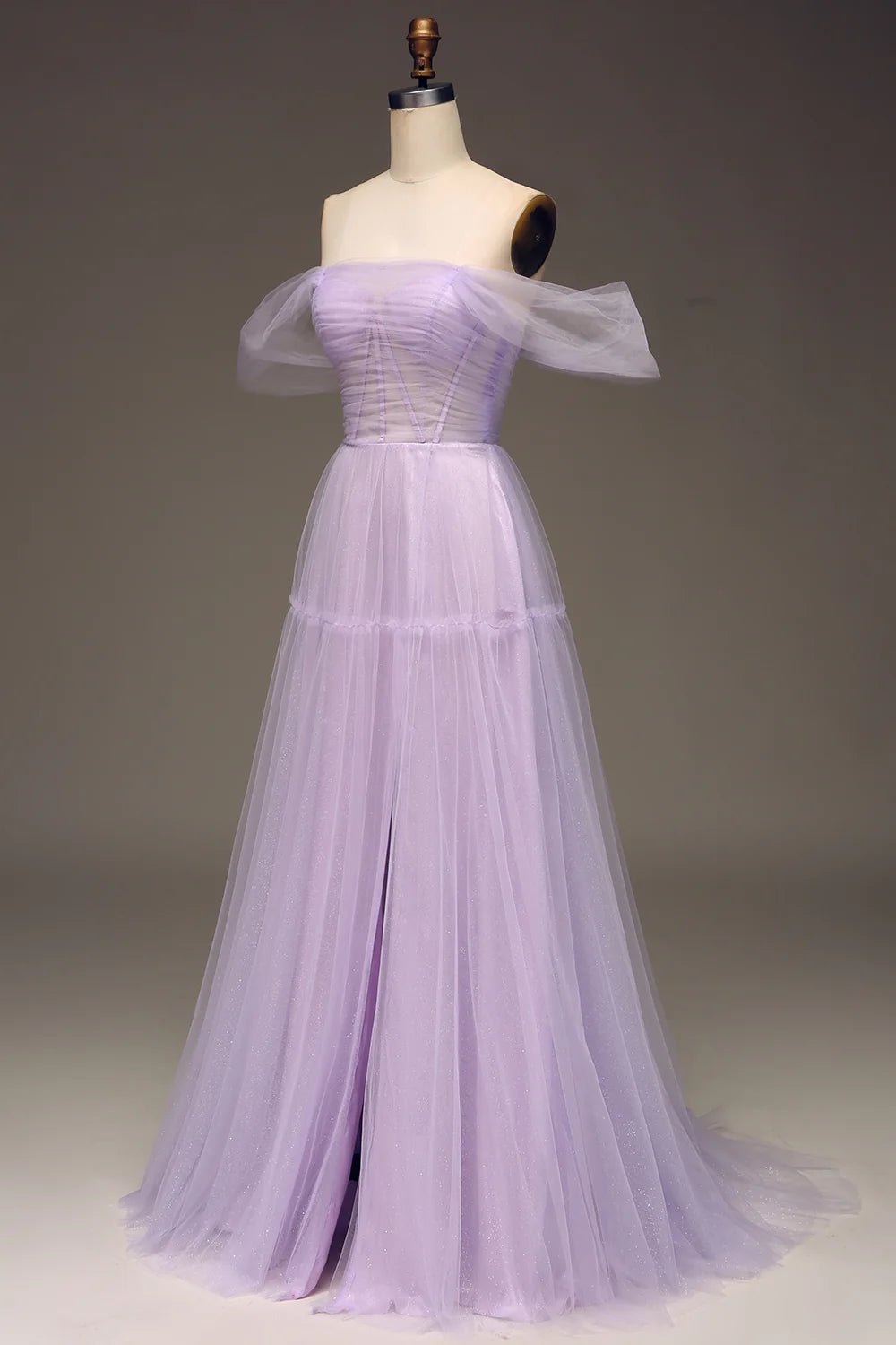 Amzcw Lilac Off the Shoulder A Line Tulle Princess Prom Dress With Slit
