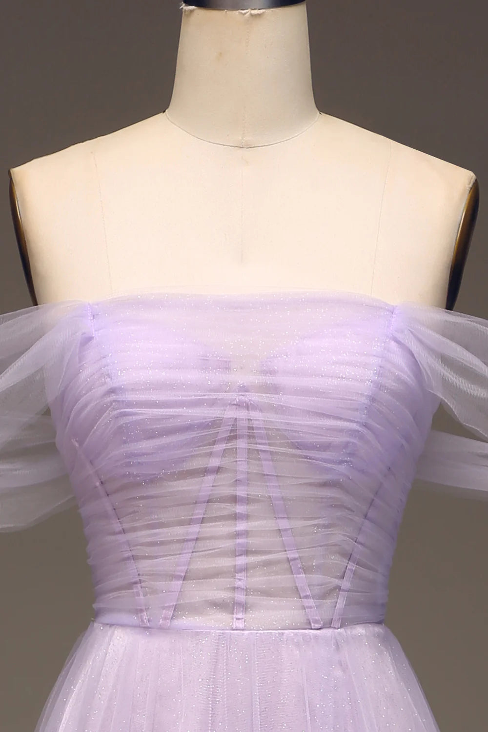 Amzcw Lilac Off the Shoulder A Line Tulle Princess Prom Dress With Slit