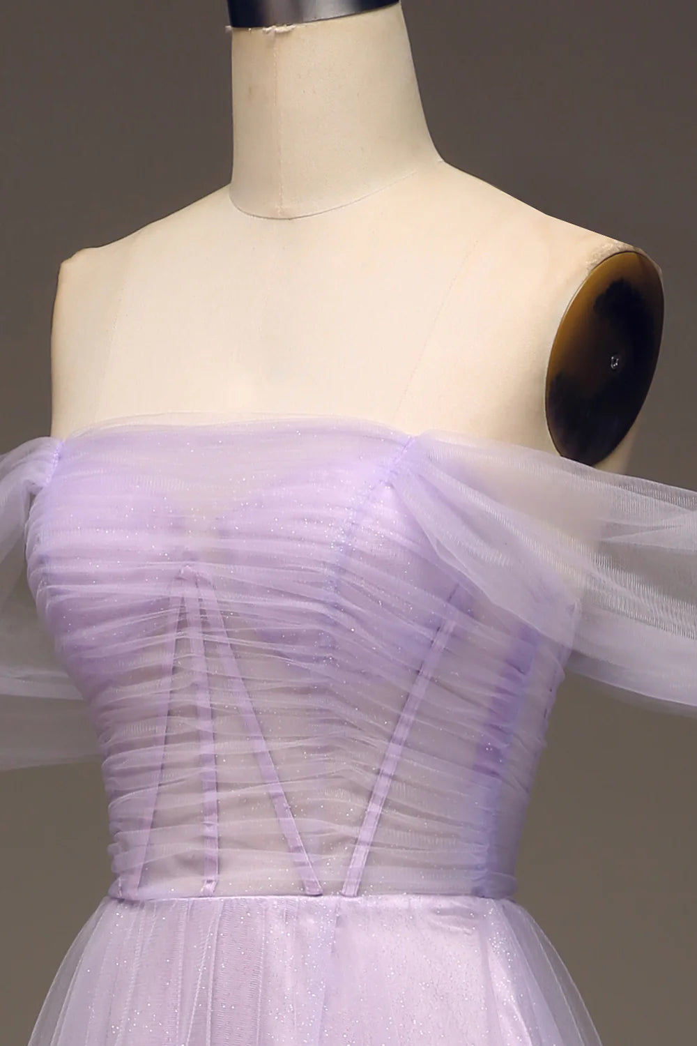 Amzcw Lilac Off the Shoulder A Line Tulle Princess Prom Dress With Slit