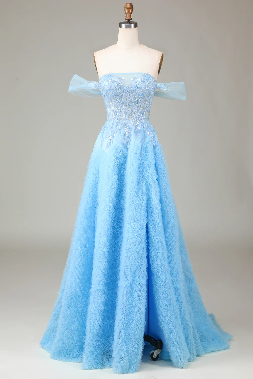 Amzcw Off the Shoulder Blue A Line Princess Corset Prom Dress with Slit
