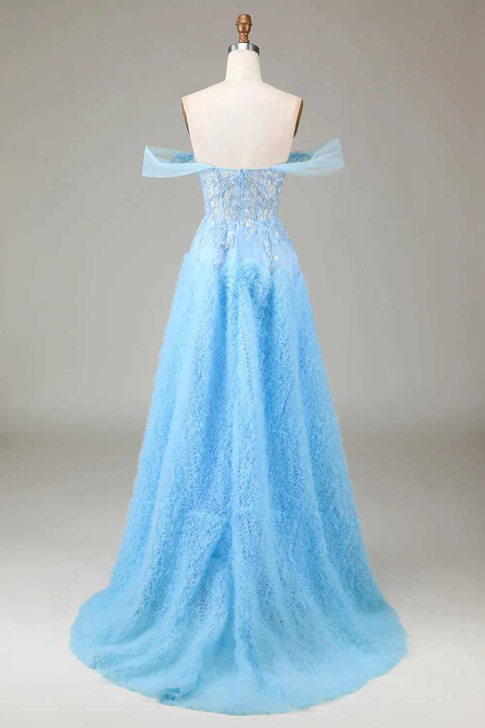 Amzcw Off the Shoulder Blue A Line Princess Corset Prom Dress with Slit