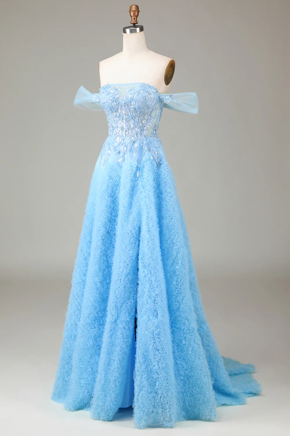 Amzcw Off the Shoulder Blue A Line Princess Corset Prom Dress with Slit