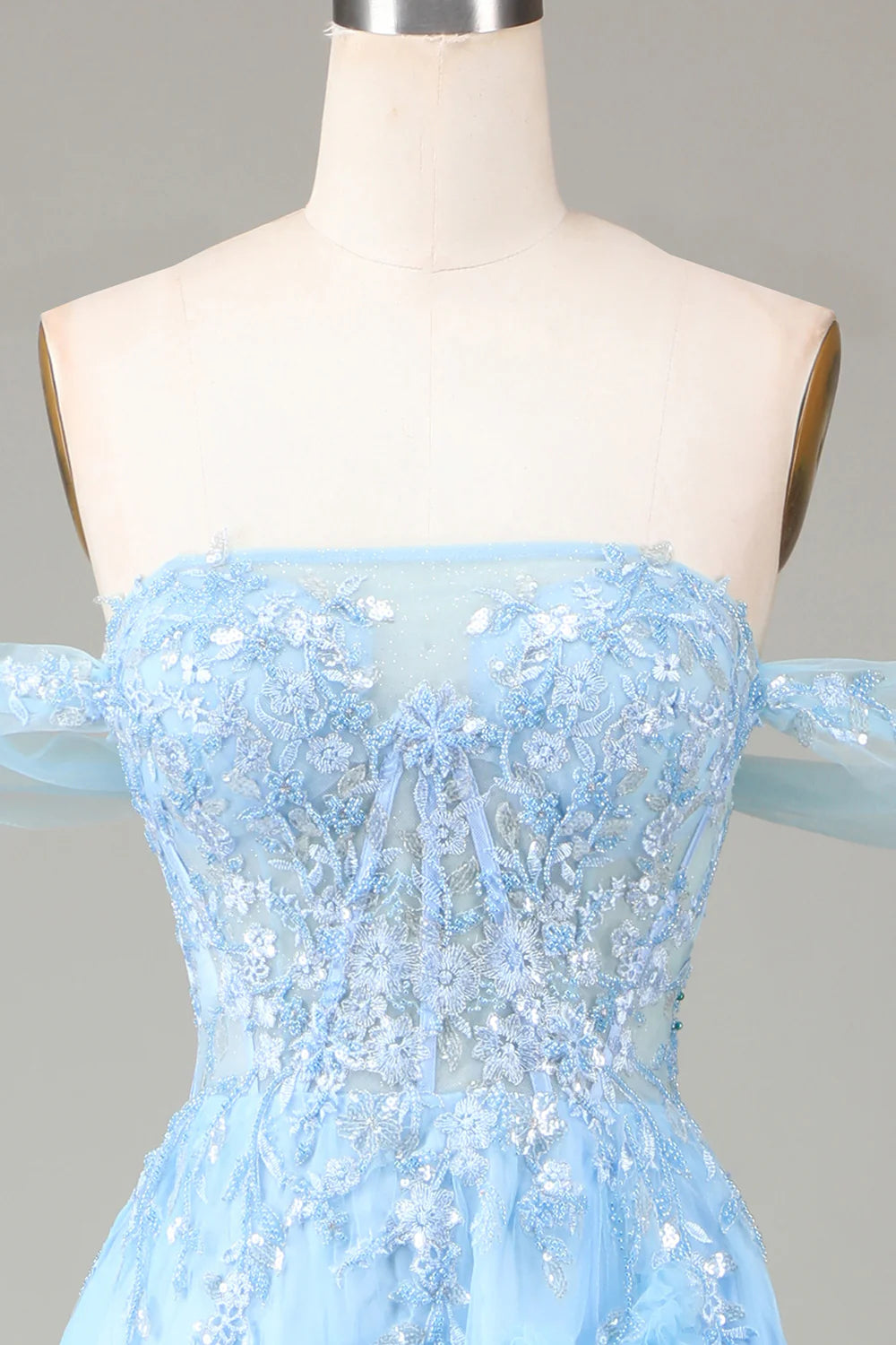 Amzcw Off the Shoulder Blue A Line Princess Corset Prom Dress with Slit