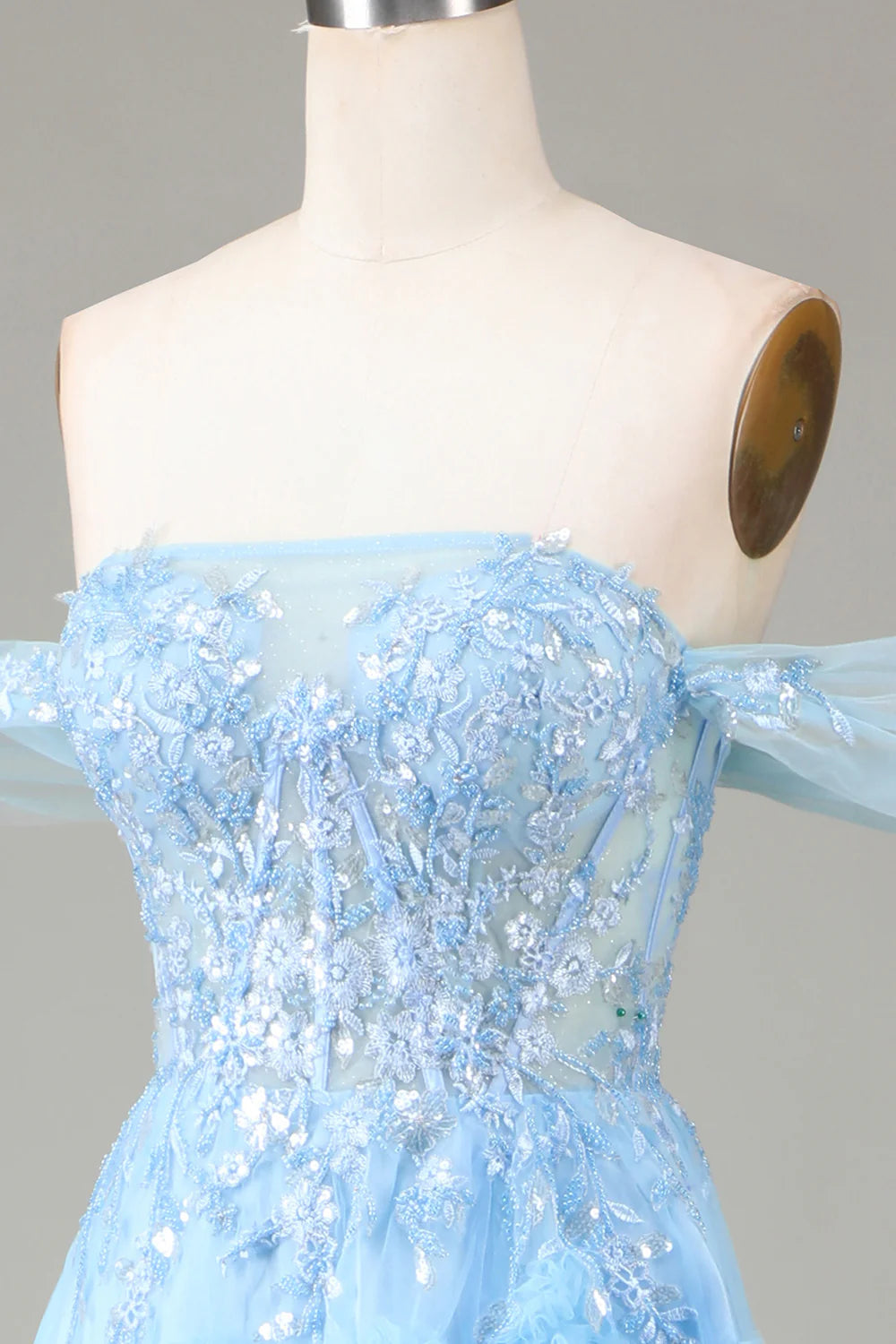 Amzcw Off the Shoulder Blue A Line Princess Corset Prom Dress with Slit