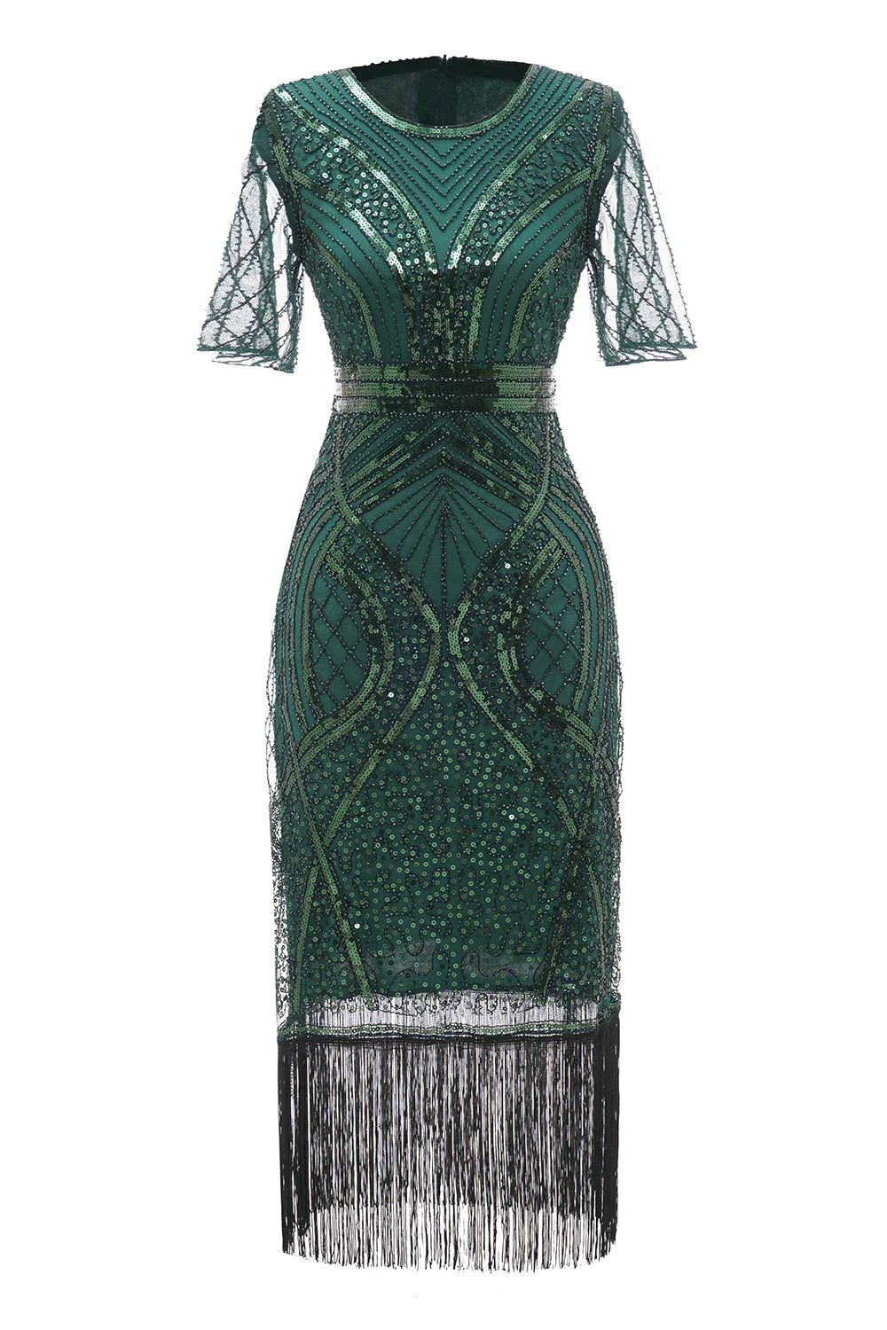 Dark Green Short Sleeves 1920s Dress With Fringes