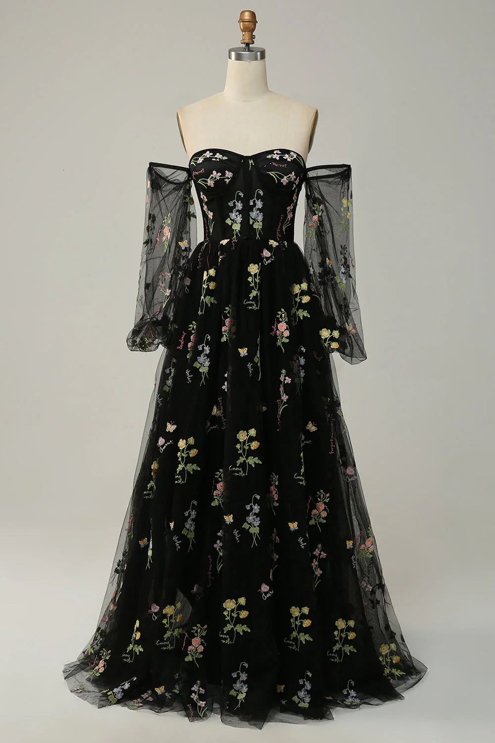 Amzcw A Line Off The Shoulder Long Sleeves Black Tull Prom Dress with Embroidery