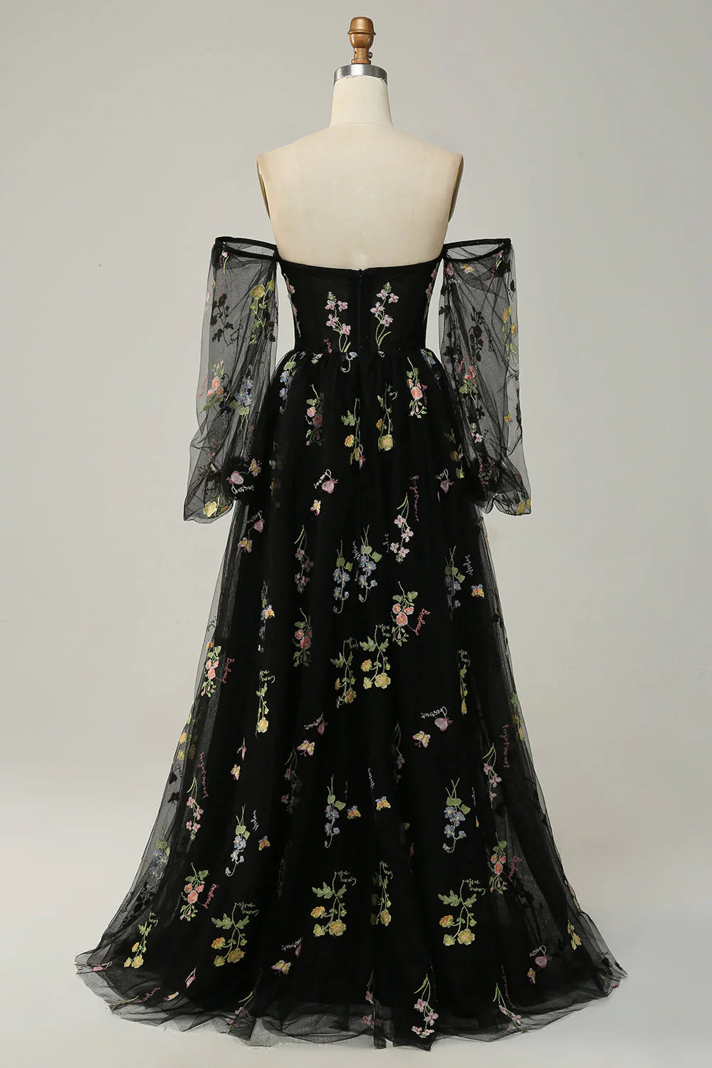 Amzcw A Line Off The Shoulder Long Sleeves Black Tull Prom Dress with Embroidery