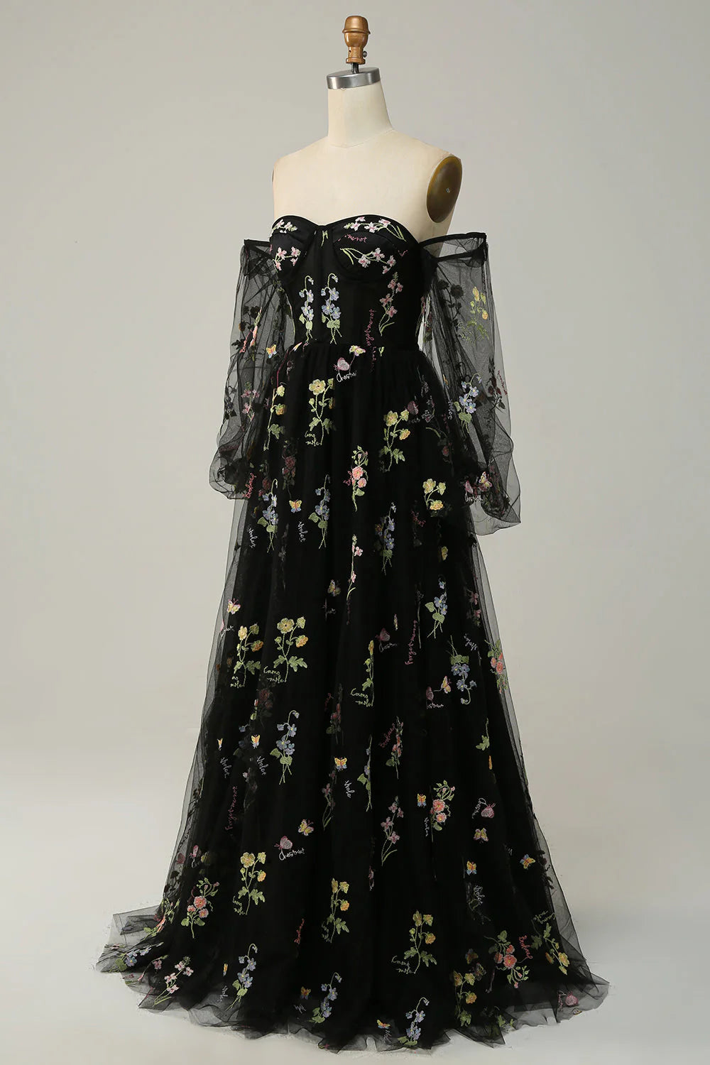 Amzcw A Line Off The Shoulder Long Sleeves Black Tull Prom Dress with Embroidery