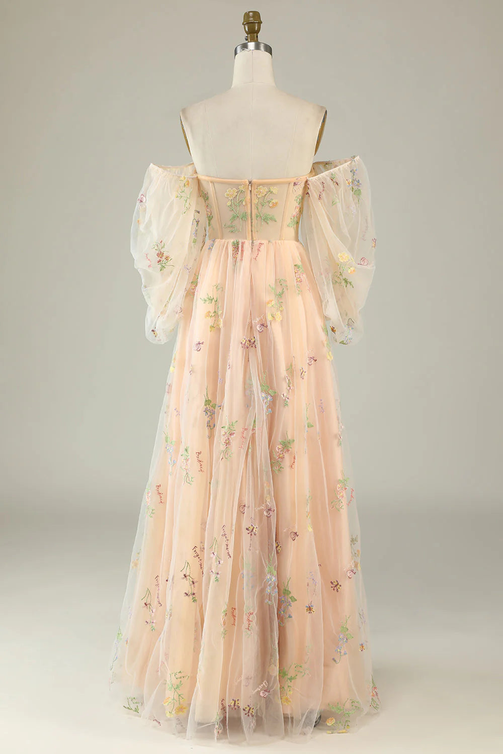 Amzcw A Line Off The Shoulder Long Sleeves Champagne Tull Prom Dress with Embroidery