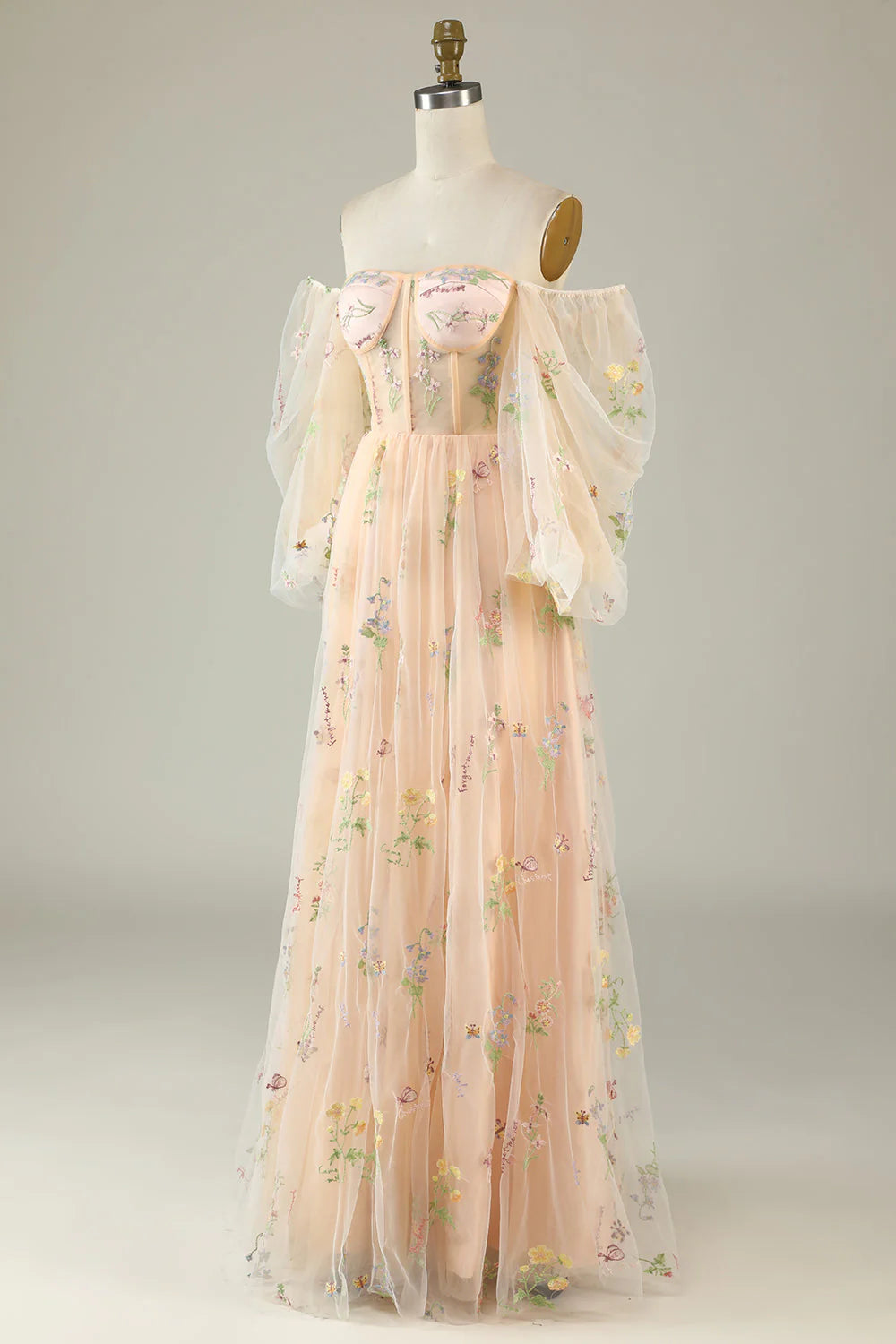Amzcw A Line Off The Shoulder Long Sleeves Champagne Tull Prom Dress with Embroidery
