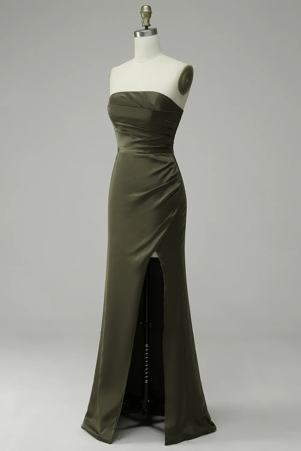 Green Strapless Satin Mermaid Prom Dress with Slit