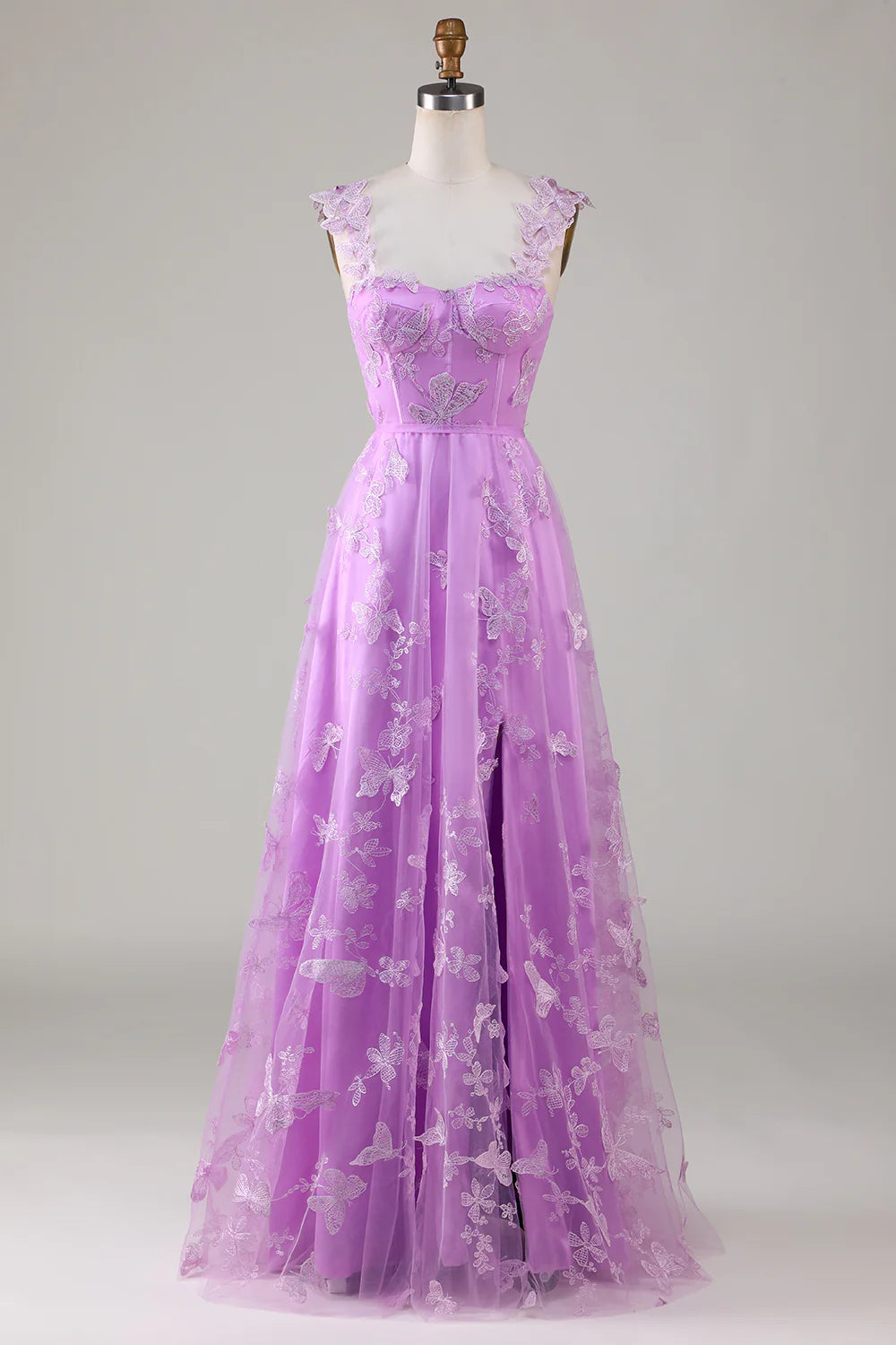 Amzcw Purple Corset Long Tulle Prom Dress with 3D Butterflies