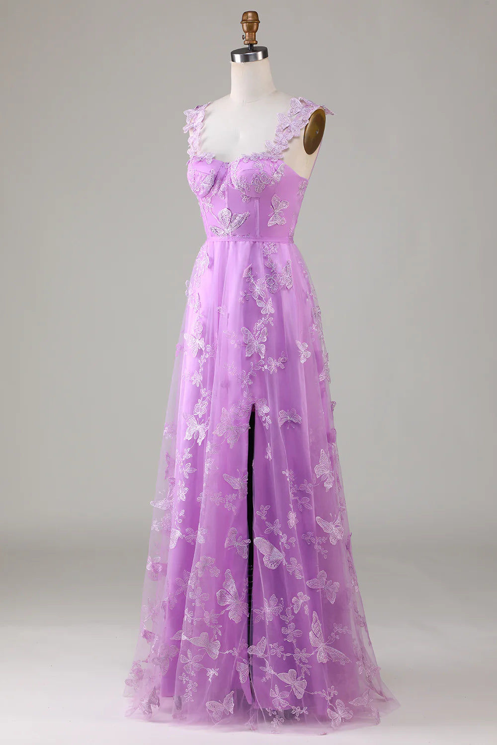 Amzcw Purple Corset Long Tulle Prom Dress with 3D Butterflies