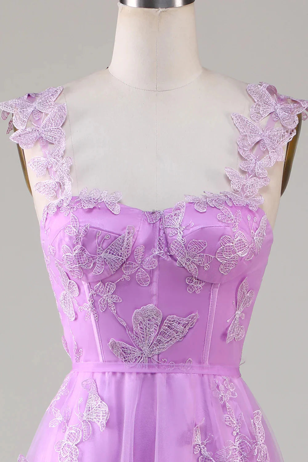 Amzcw Purple A Line Square Neck Corset Long Prom Dress with 3D Butterflies
