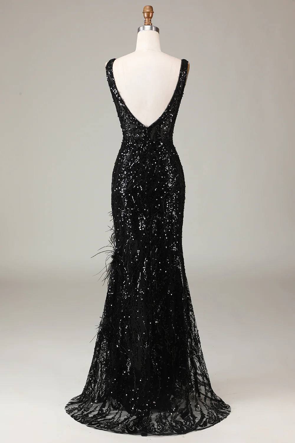 Amzcw Black Sparkly Depp V-neck Mermaid Prom Dress with Feathers