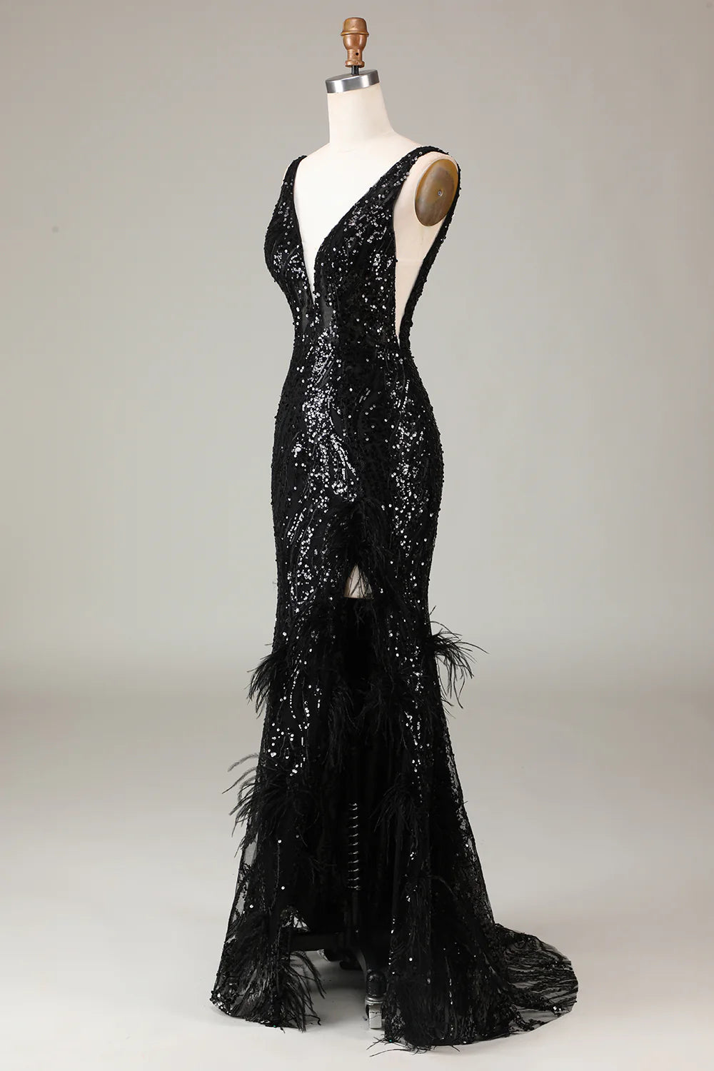 Amzcw Black Sparkly Depp V-neck Mermaid Prom Dress with Feathers