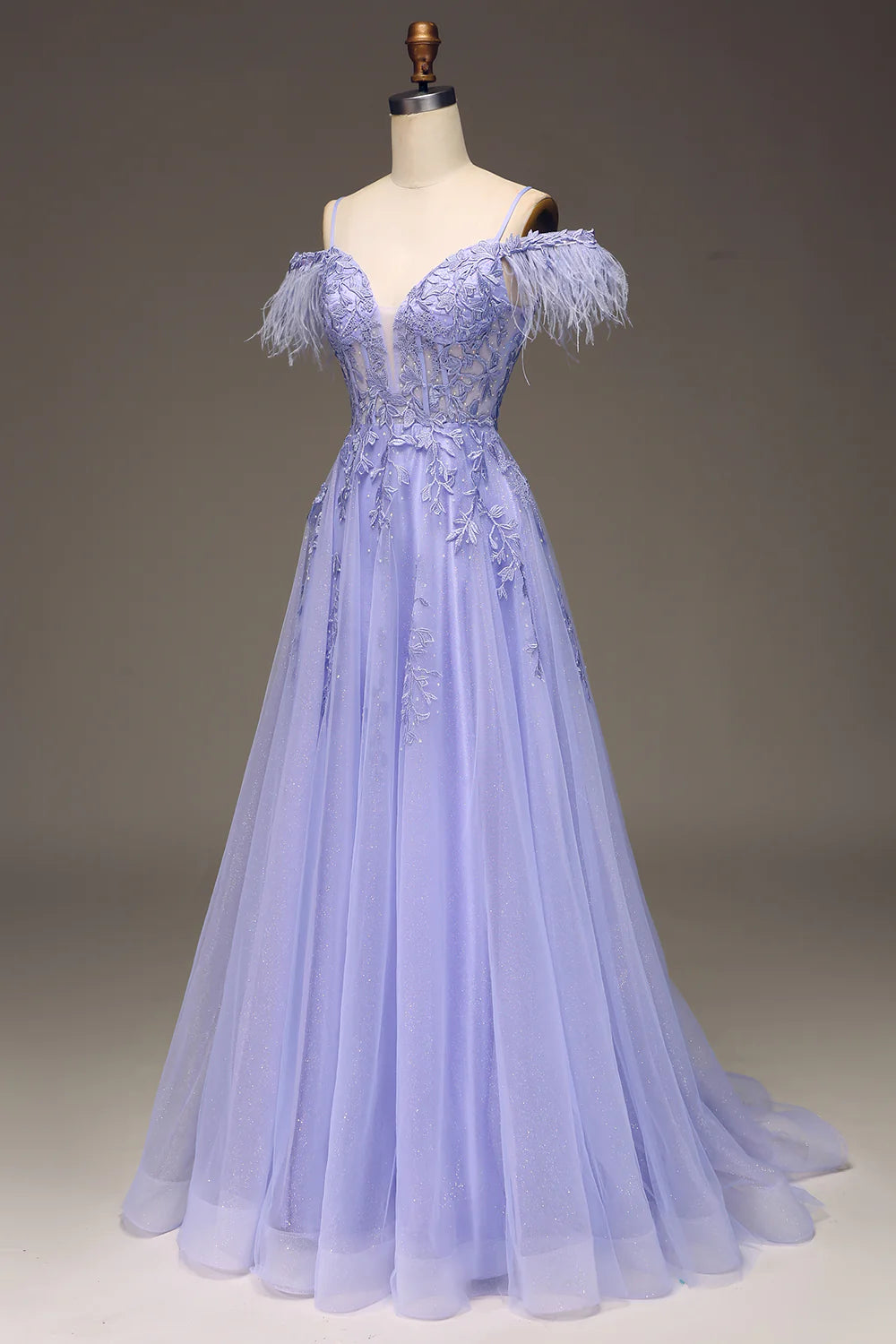 Amzcw A-Line Cold Shoulder Lilac Corset Prom Dress with Appliques