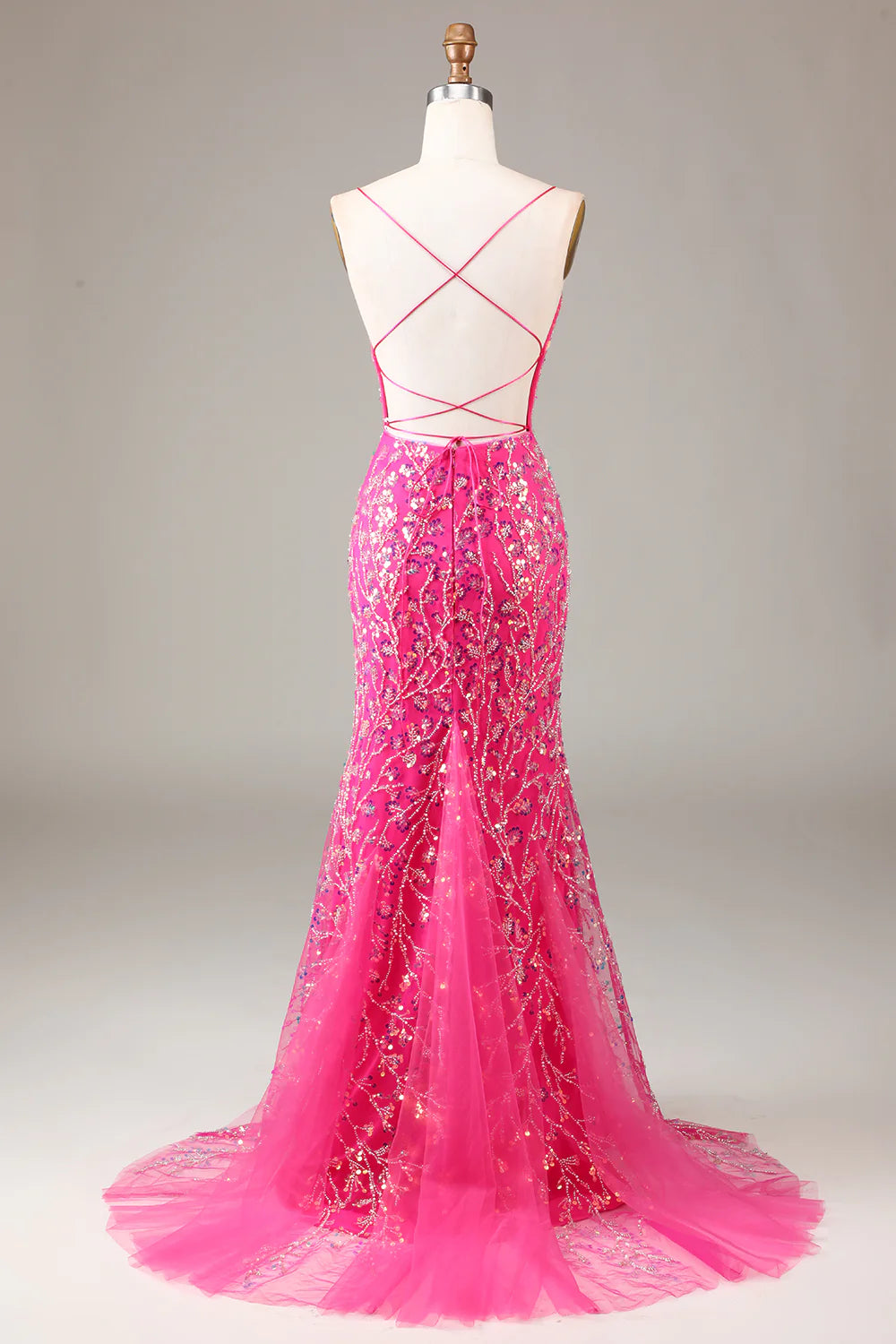 Amzcw Hot Pink Sequins & Beaded Mermaid Prom Dress with Backless