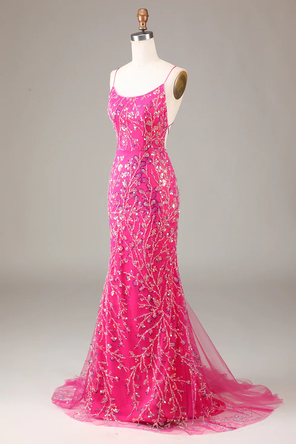 Amzcw Hot Pink Sequins & Beaded Mermaid Prom Dress with Backless