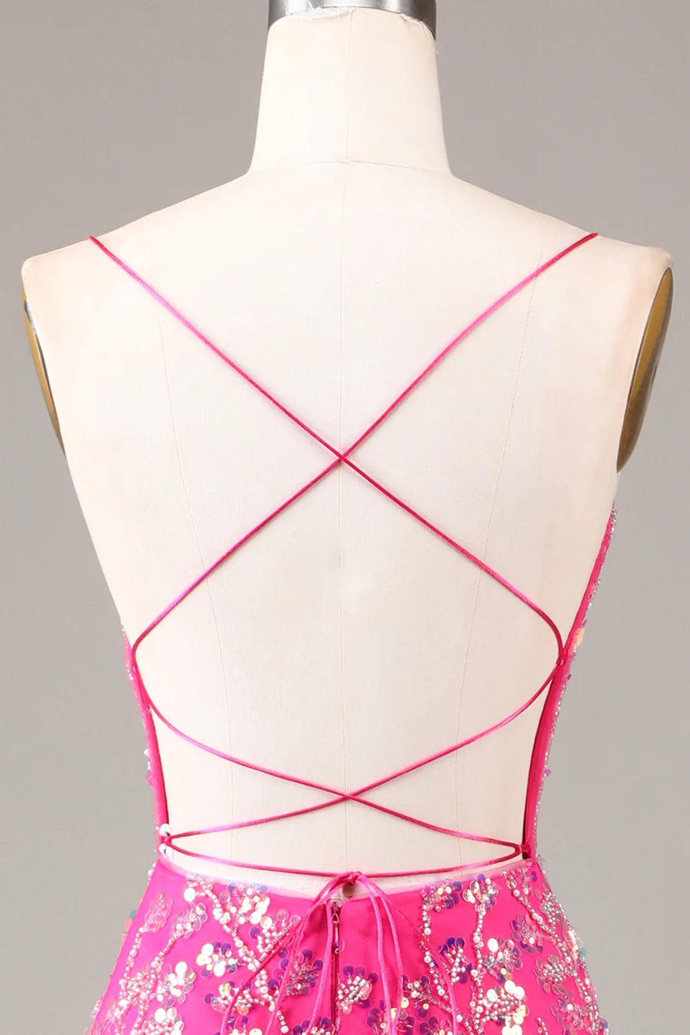 Amzcw Hot Pink Sequins & Beaded Mermaid Prom Dress with Backless