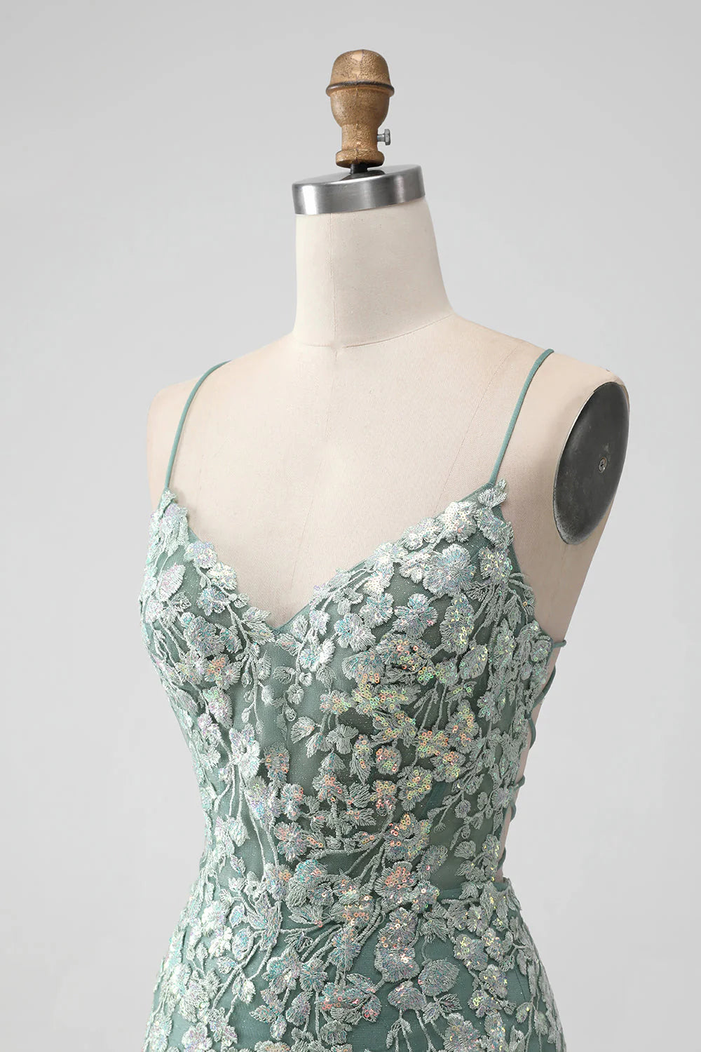 Amzcw Grey Green Bodycon Lace-up Back Short Homecoming Dress with Sequin Appliqued