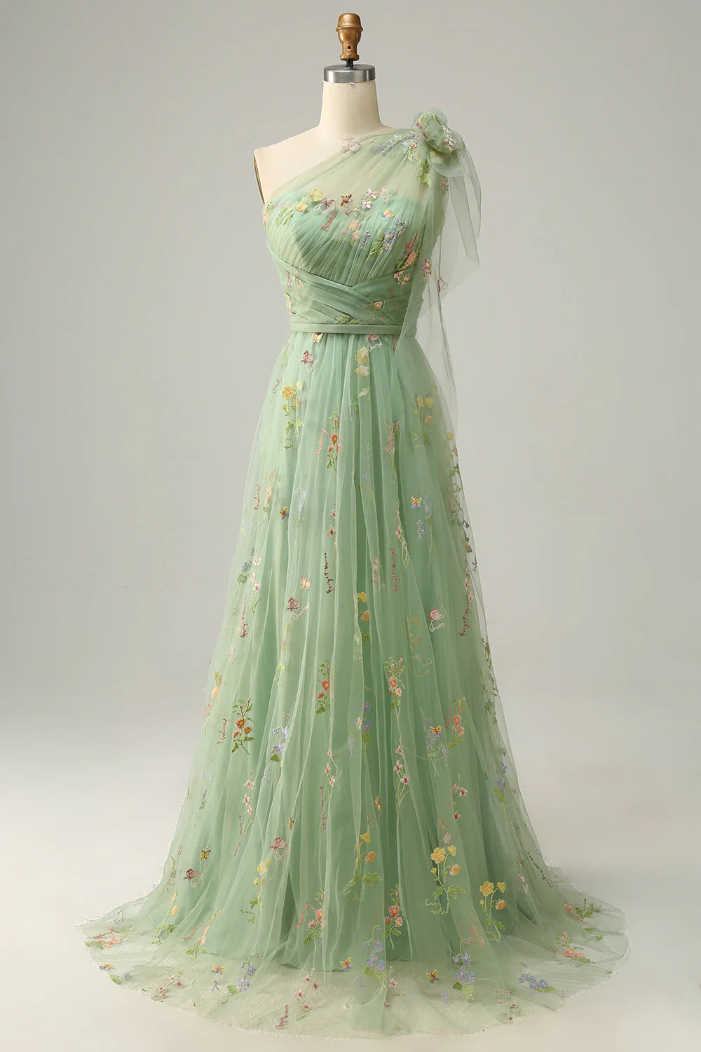 Amzcw Green A-Line One Shoulder Long Tulle Prom Dress With Embroidery