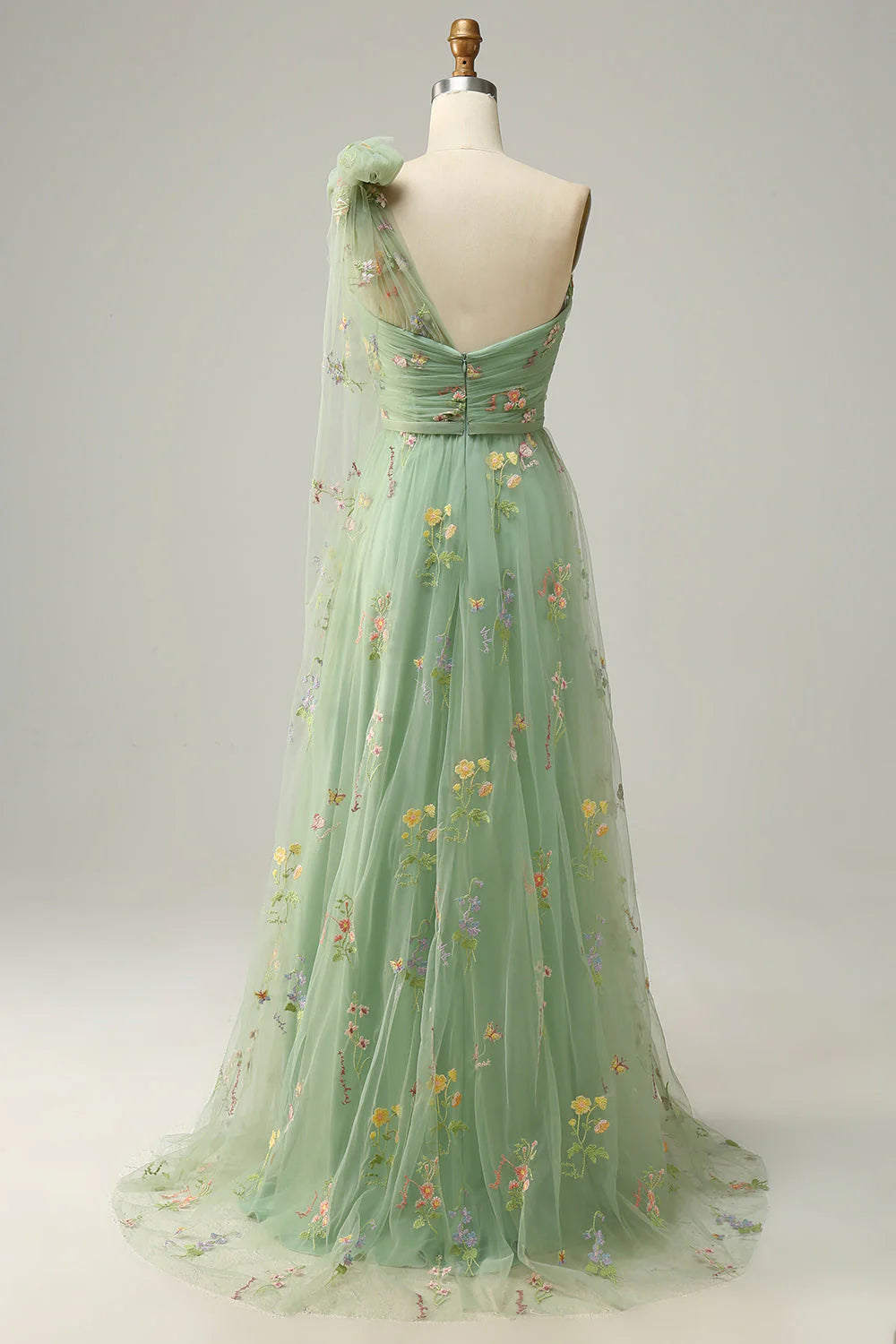 Amzcw Green A-Line One Shoulder Long Tulle Prom Dress With Embroidery