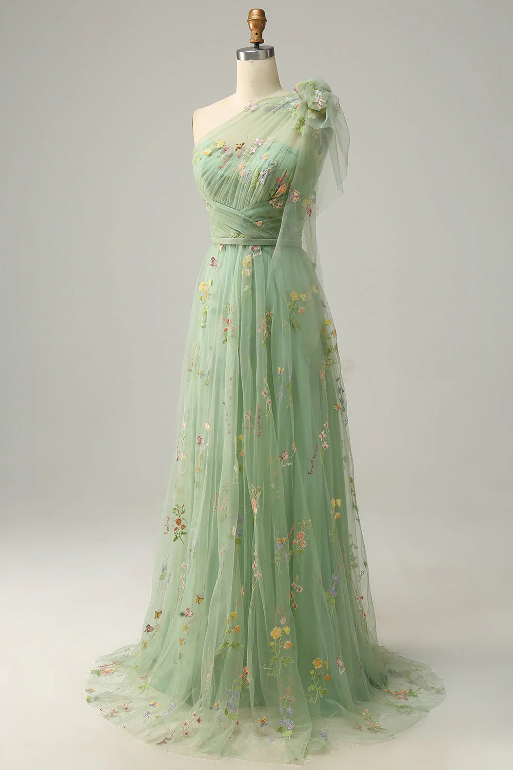Amzcw Green A-Line One Shoulder Long Tulle Prom Dress With Embroidery