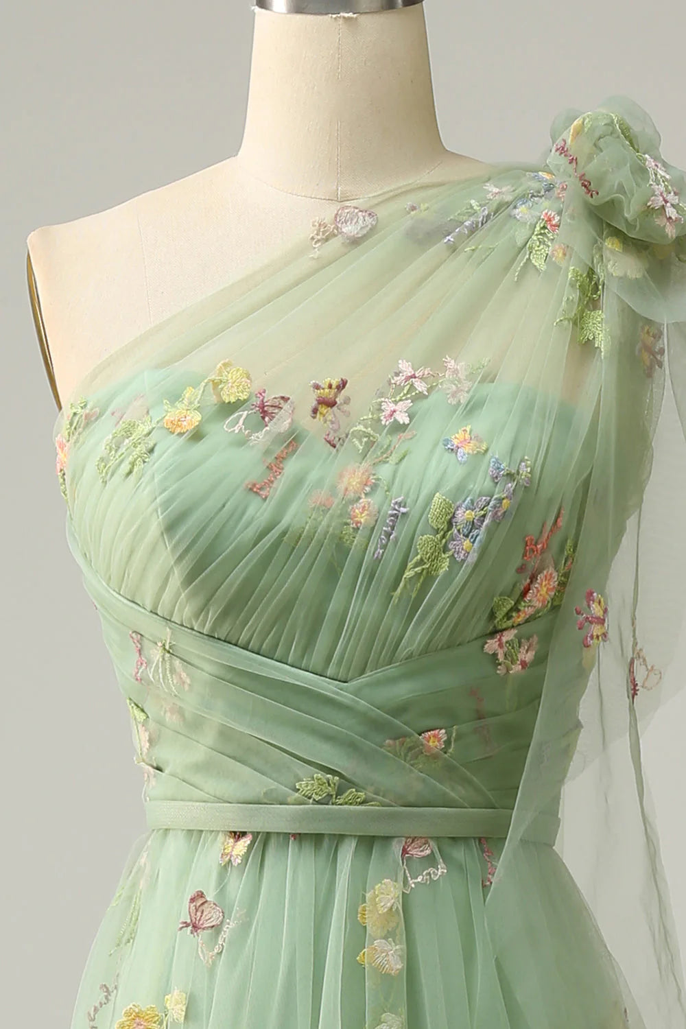 Amzcw Green A-Line One Shoulder Long Tulle Prom Dress With Embroidery