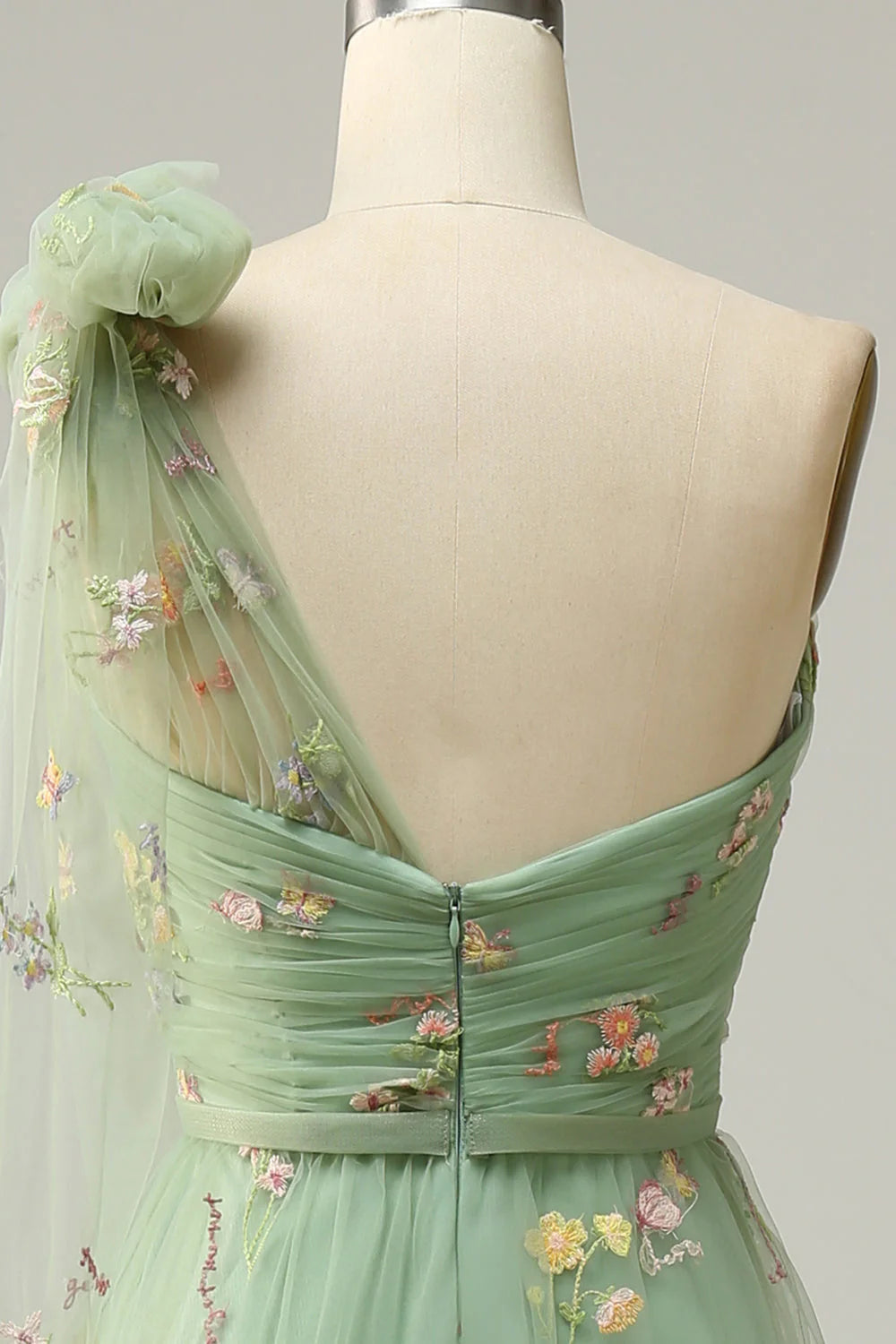 Amzcw Green A-Line One Shoulder Long Tulle Prom Dress With Embroidery