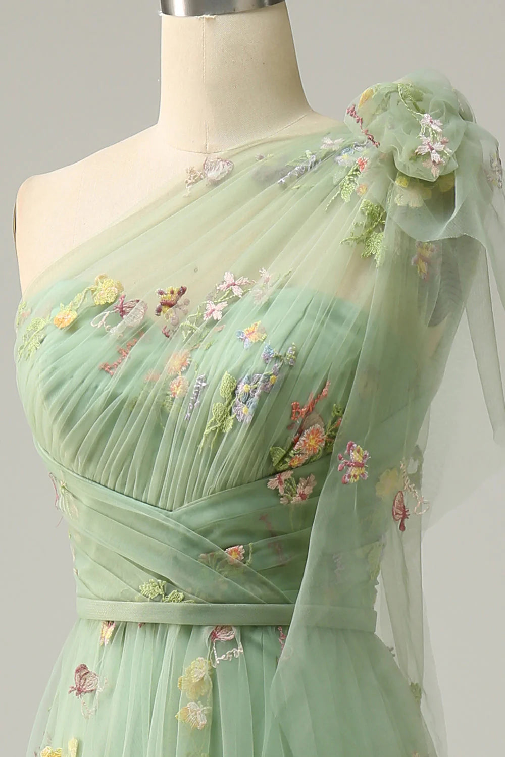 Amzcw Green A-Line One Shoulder Long Tulle Prom Dress With Embroidery
